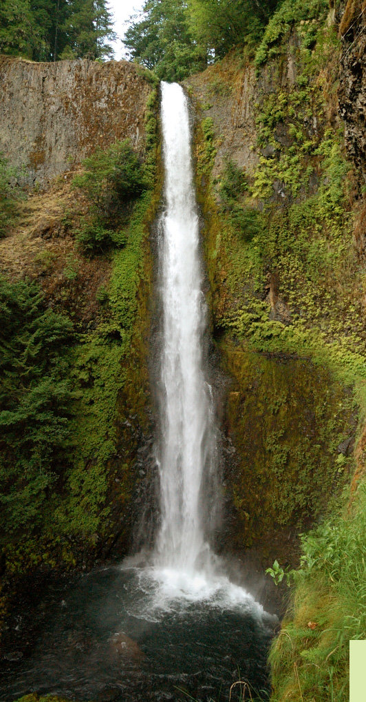 The trail goes through the hole behind the Falls